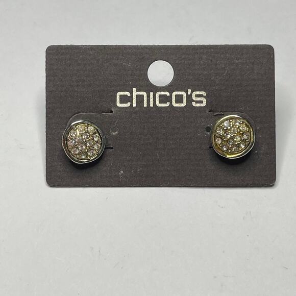 Chico's button earrings gold tone in silver tone setting post pierced classic - Picture 6 of 9